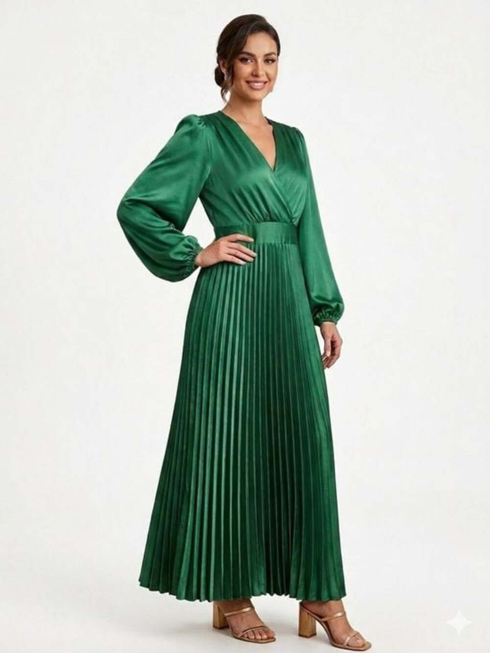 Elegant Green Pleated Maxi Dress - V-Neck Long Sleeve Sz M